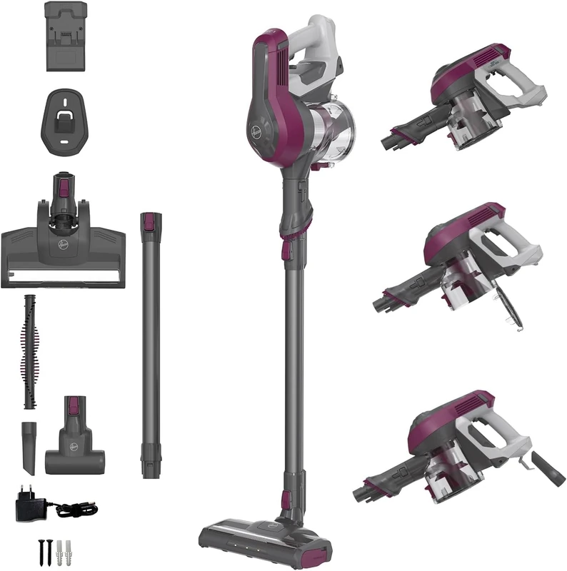 Hoover HF110P Cordless Vacuum Cleaner, Powerful, Lightweight, Long Autonomy, Easy Emptying, Park & GO Position, LED Electrobrush for All Floors, Special Turbobrush, On-Board Accessories, Magenta