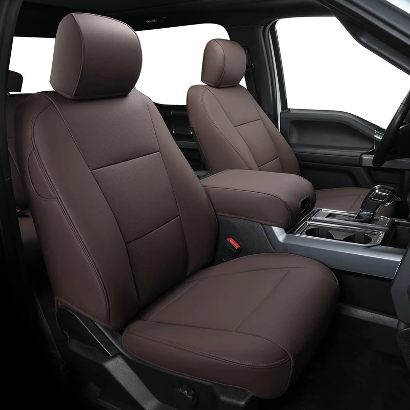 Covertopia F150 Faux Leather Seat Covers, Custom fit 2015-2024 Ford F150 SuperCrew, and 2017-2024 F250 F350 F450 Super Duty Crew Cab(Full Set, Brown)