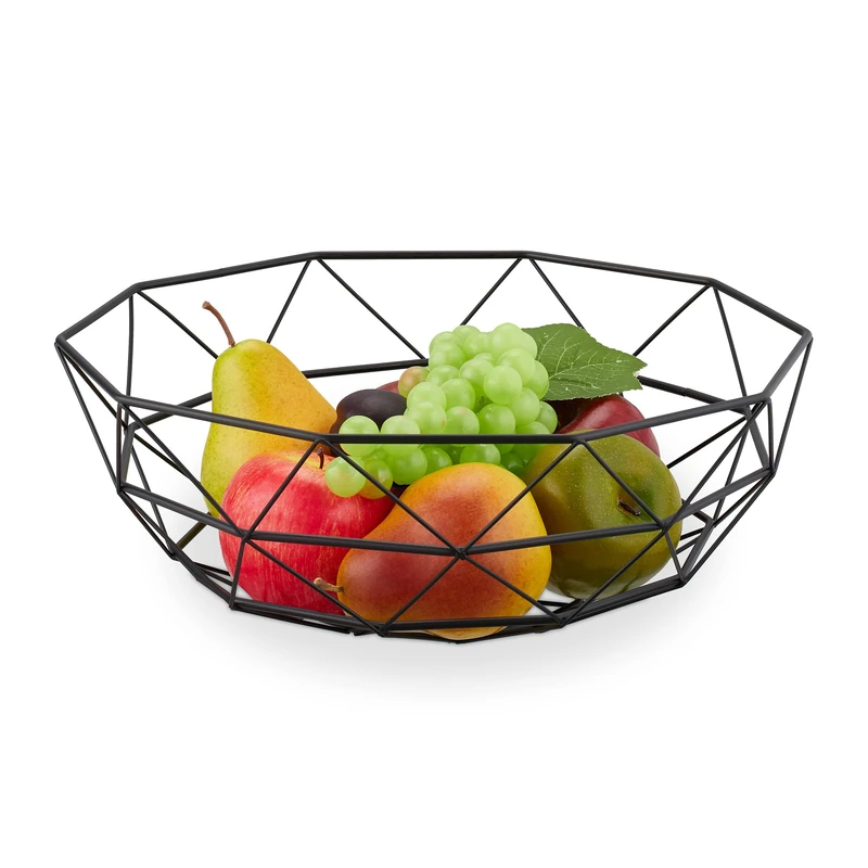 Relaxdays Metal Bowl, Geometric Wire Basket, 13.5 x 34.5 cm, Fruits & Vegetables, Modern Decor Accessory, Black
