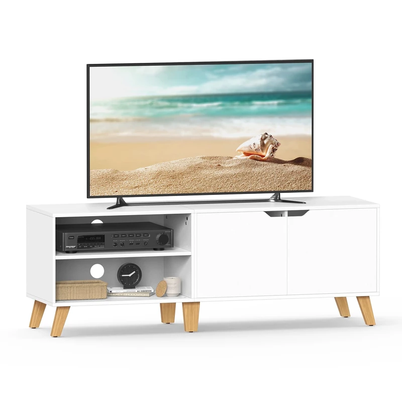 VASAGLE LTV027T46 TV Unit, 140 cm Long with 2 Doors, Adjustable Shelf, for TVs up to 65 inches, Living Room, Dining Room and Bedroom, White