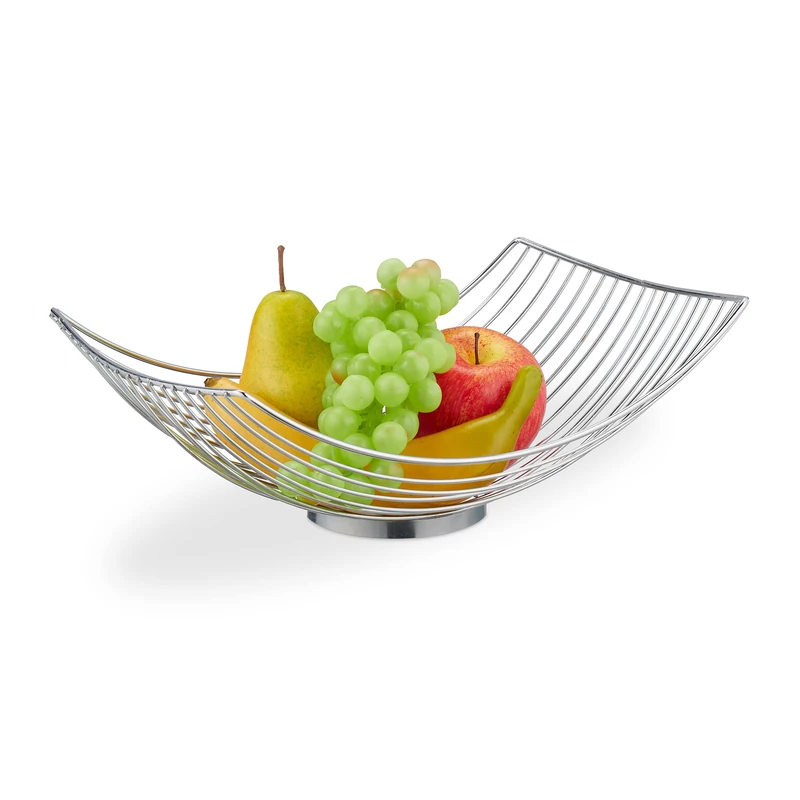 Relaxdays Metal Bowl, Rectangular Wire Basket, HWD: 11.5 x 32.5 x 24 cm, Fruits & Vegetables, Modern Decor, Silver, Iron