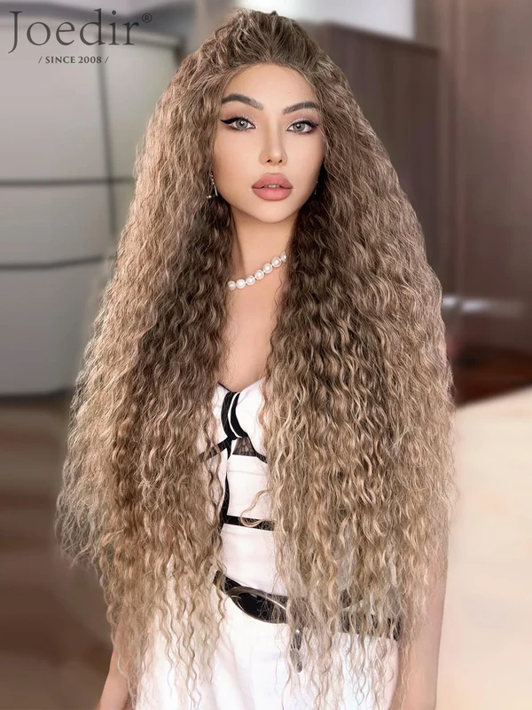 Joedir 32" Long Deep Curly Wavy Lace Front Synthetic Wigs HD Transparent Glueless Lace Wig Heat Resistant Fiber Pre Plucked Hairline with Baby Hair Wig for Women(Ombre Dirty Blond Color)
