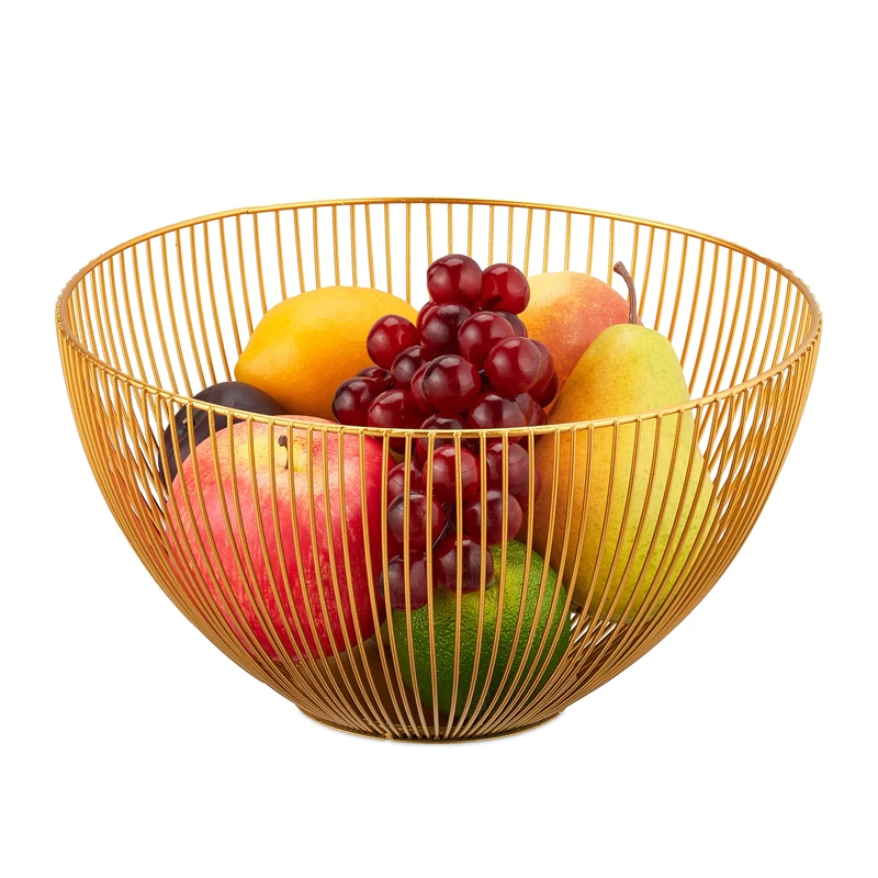 Relaxdays Metal Bowl, Round Wire Basket, HxD:14 x 25 cm, Fruits, Bread & Vegetables, Modern Decor Accessory, Gold, Iron
