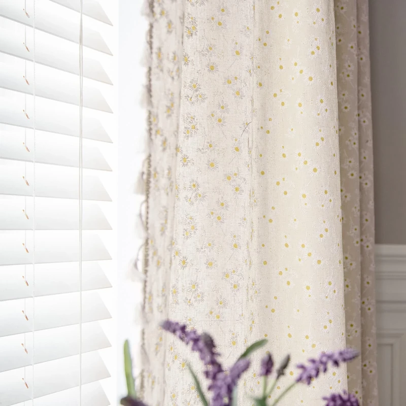ENJOYBRIDAL Floral Curtains 96 Inch Length 2 Panels Tassel Drapes Rod Pocket Semi-Sheer Boho Daisy Bedroom Living Room Farmhouse Rustic Bohemian Window Curtain Panels