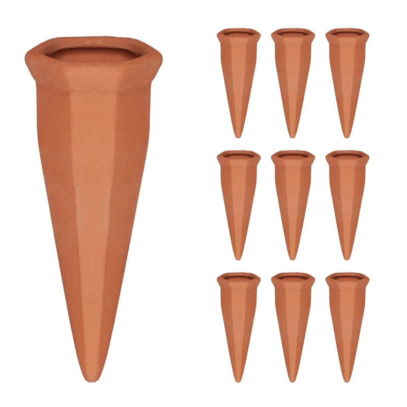 Relaxdays Clay Watering Spikes, Set of 10, Stakes for 1 L Plastic & Wine Bottles, Indoor & Outdoor Plants, Terracotta, Ceramics, 13 x 5 x 4.5 cm