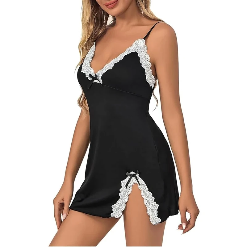 HOTSO Sexy Nightdress for Women Cotton Dressing Gown Robes Nightshirts Loose Fit Full Slip Petticoat Deep V Spaghetti Strap Chemises Nightie Negligee Kimono Robes Bedroom Black