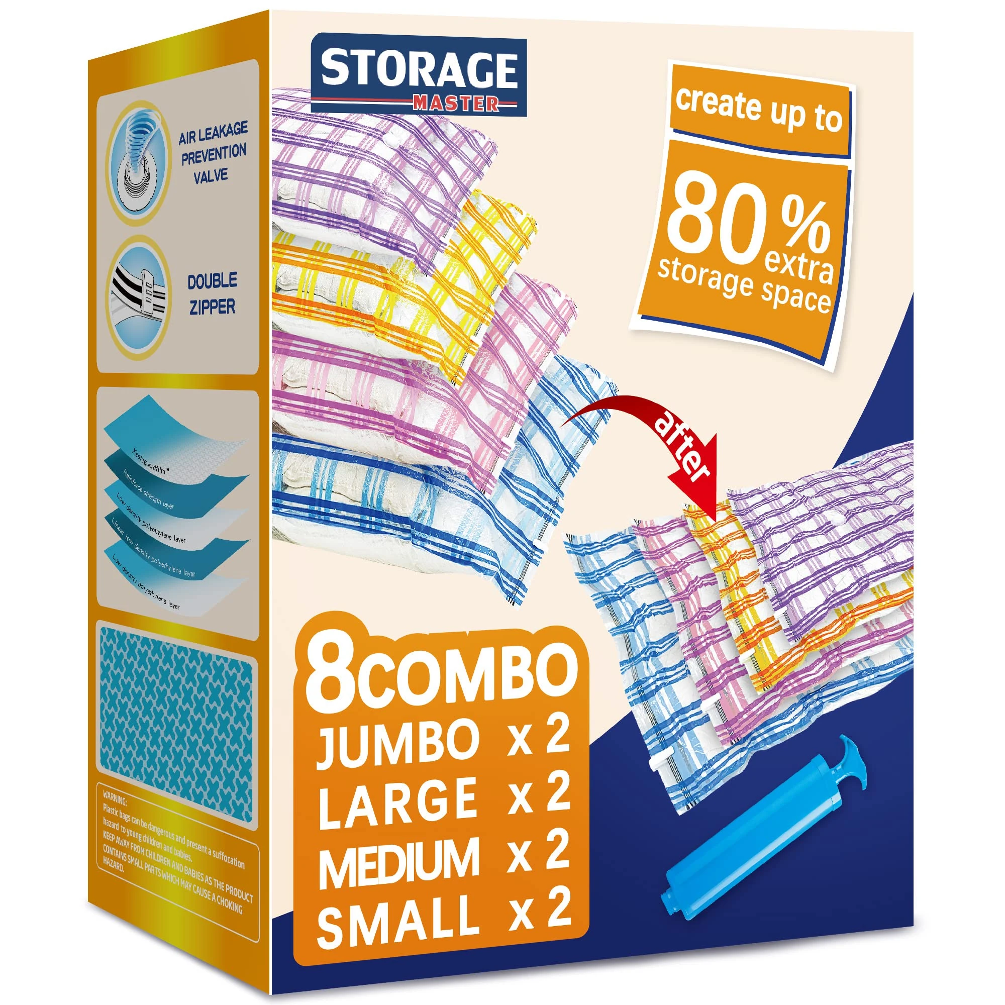 Storage Master Space Saver Bags for Travel and Home Reusable Vacuum Storage Bags Save 80% More Storage Space with Travel Hand Pump (8 Combo)