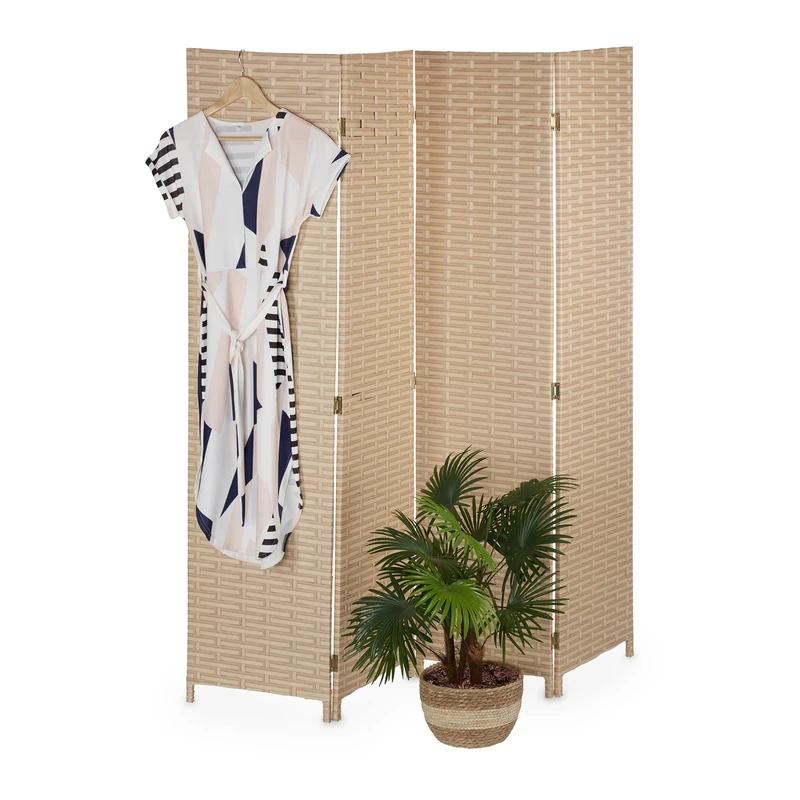 Relaxdays Screen, 4 Panels, Folding Room Divider, 170 x 160 cm, Partition Wall, Plastic & Wood, Light Brown