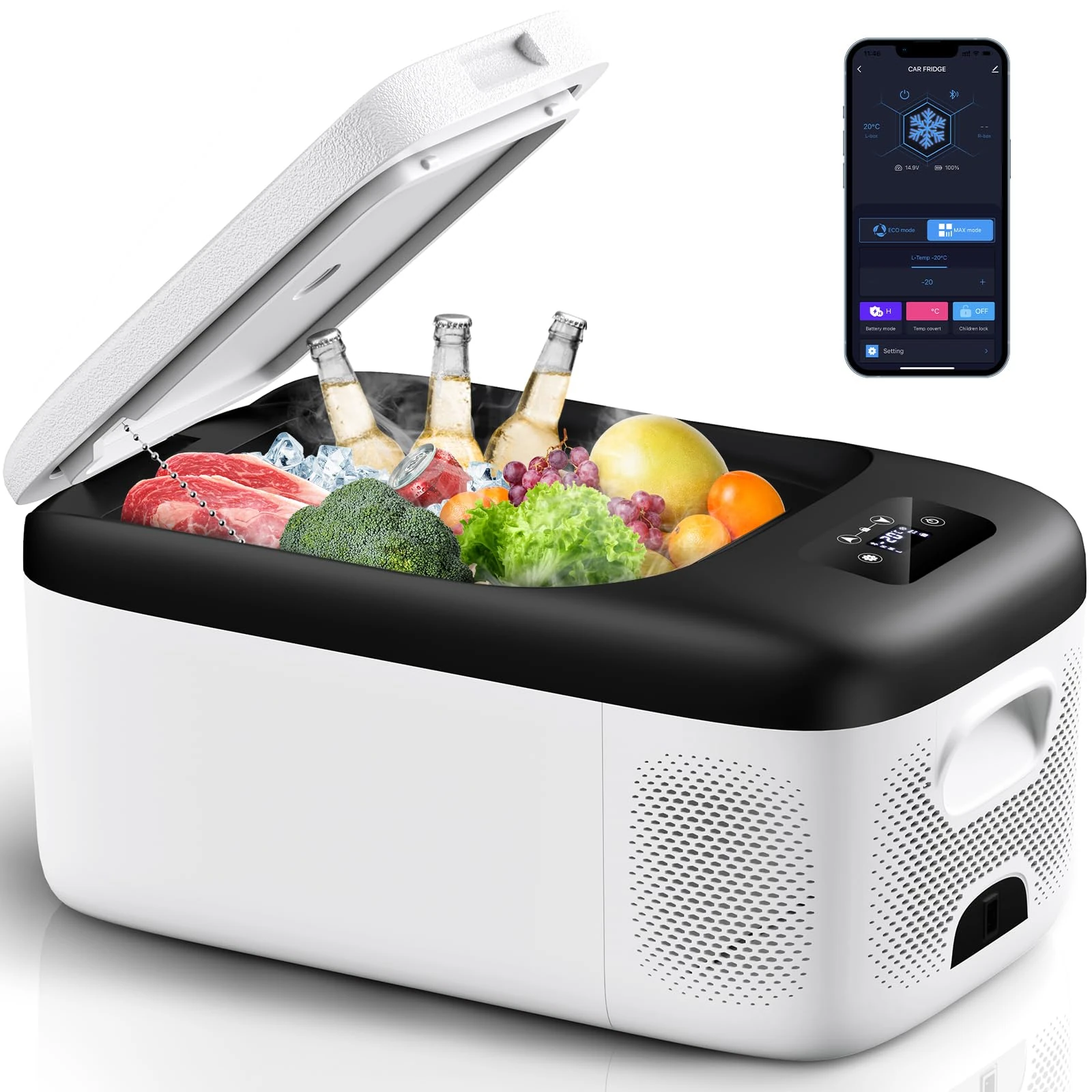 12V Car Fridge 18L, Portable Camping Mini Fridge Freezer 12V/24V, -20℃ to 20℃ Inverter Compressor, Quiet Electric Car Refrigerator with APP Control for Travel, Outdoor, Picnic, Beach, RV, Truck, Boat