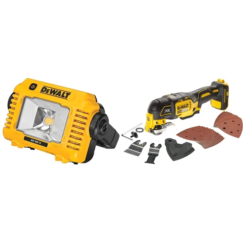 DeWalt DCL077 Battery-Powered Construction Light 2000 Lumen Building Site Light Bulb 3 Level Light Strength Setting & DCS355N-XJ 18V Li-Ion Cordless Brushless Oscillating Multi-Tool
