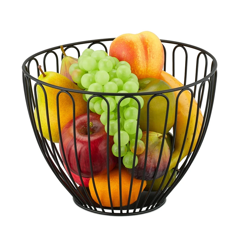 Relaxdays Metal Bowl, Round Wire Basket, HxD: 18 x 24 cm, Fruits & Vegetables, Modern Decor Accessory, Black, Iron