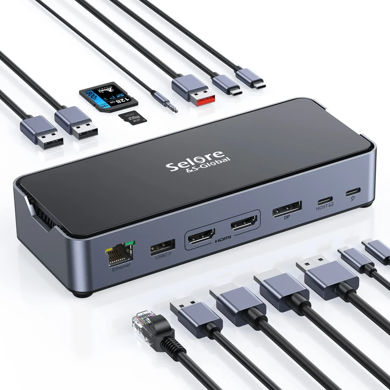 USB C Docking Station 3 Monitors, 15 in 1 Laptop Docking Station with 8K @ 30Hz DP & Dual HDMI, 4K@30Hz Triple Display for DP1.4, 10Gbps USB 3.1&2 USB C, 2 USB3.0, USB2.0, 100W PD, RJ45, SD/TF, Audio