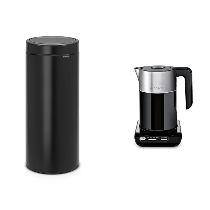 Brabantia 30 L Kitchen Touch Bin New Removable Lid, Soft-Touch Open, Easy Clean Rubbish Waste Bin + Bin Bags & Bosch Styline TWK8633GB Variable Temperature Cordless Kettle, 1.5 Litres, 3000W - Black
