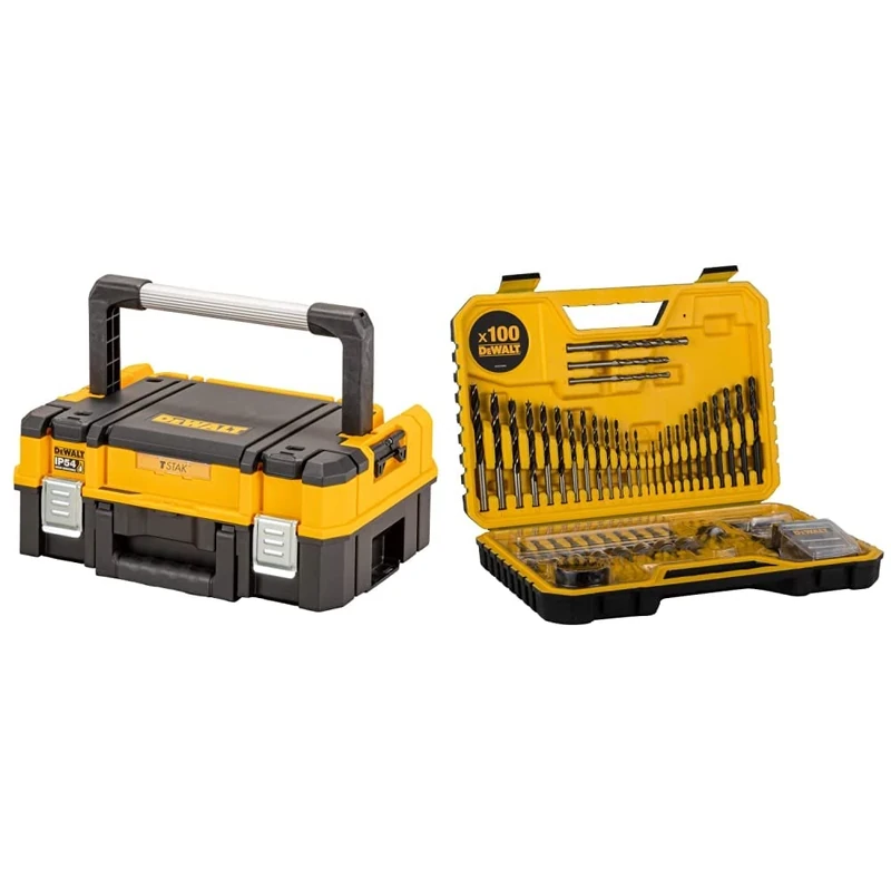 DEWALT, Black and Yellow TSTAK 2.0 Shallow Toolbox with Long Handle & COMBINATION DRILL BIT SET 100 PIECE SET DT71563-QZ, Black