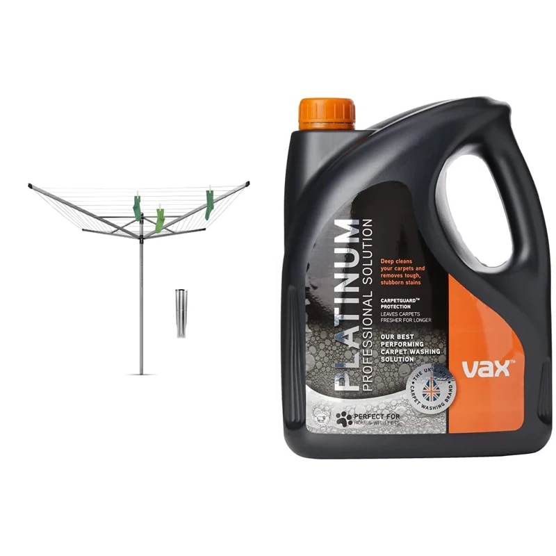 Brabantia - Lift-O-Matic - 60 Metres of Clothes Line - Adjustable in Height - Umbrella System - Rotary Dryer with Ground Spike 45 mm & Vax Platinum Professional 4 Litre Carpet Cleaner Solution