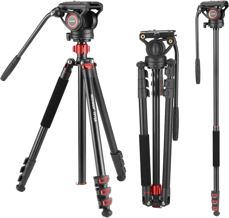 NEEWER 72" Fluid Head Video Tripod Monopod, Aluminum Alloy QR Plate Compatible with DJI RS Gimbal, 360° Pan & +90°/-70° Tilt for DSLR Camera Camcorder, Max Load 17.6lb/8kg, TP72A