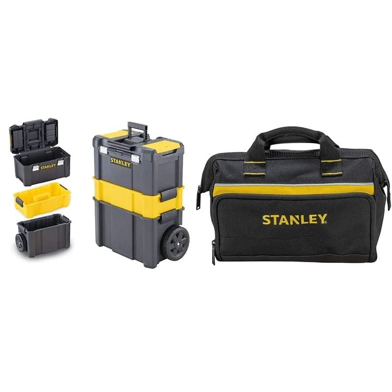 STANLEY Essential Rolling Workshop Toolbox, 3 Tier Stackable Units, STST1-80151 & Tool Bag 30 x 25 x 13 cm in Resistant 600 x 600 Denier with 8 Interior 2 Exterior Pockets and Reinfored Base 1-93-330