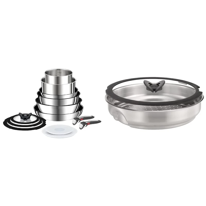 Tefal Ingenio Preference ON Pots & Pans Set, 13 Pieces, Stackable, Removable Handle, Space Saving, Non-Stick, Induction, Stainless Steel, L9749432 & Ingenio Stainless Steel Steamer with Glass Lid