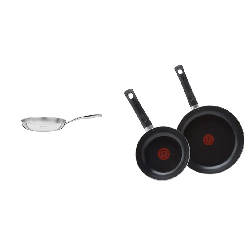 Tramontina Grano Frying Pan Stainless Steel for Induction, Electric, Gas and Ceramic Glass Hobs, Cookware, Kitchen, 26 cm, 2.2L & Tefal Aluminium Non-Stick 20cm & 28cm Frying Pan Twin Pack, Black
