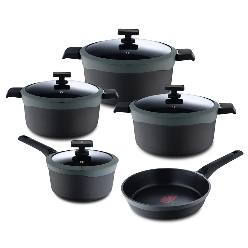 MasterPRO Gastro Reeco | 9-Piece Set | 24 cm Frying Pan, 3 Pots of 20, 24 and 28 and 16 cm Saucepan with Lid | Heatdot | Recycled Cast Aluminium | Non-Stick Coating | for All Hob Types