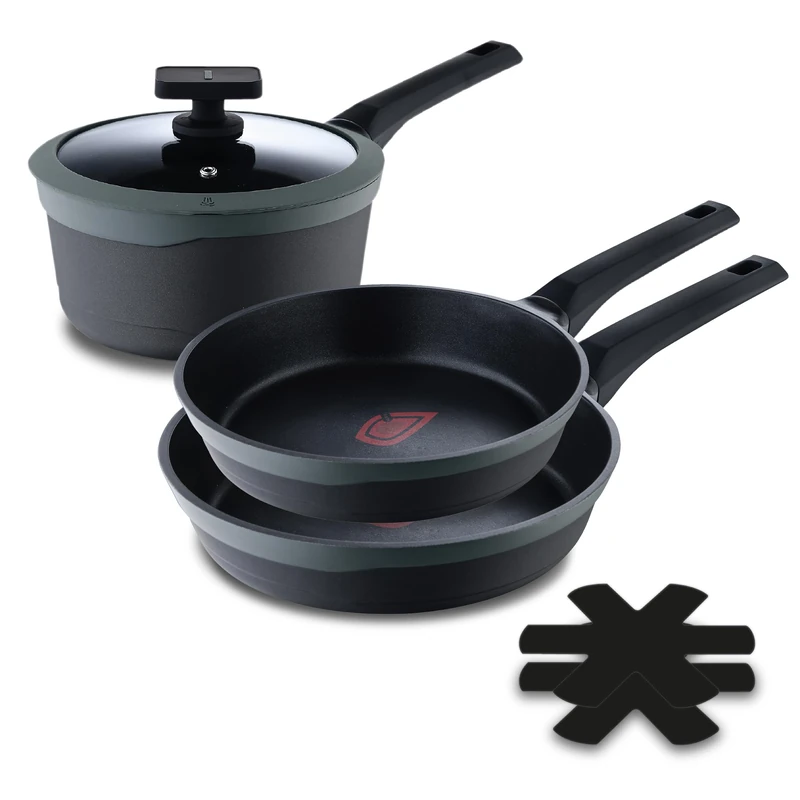MasterPRO Gastro Reeco | Set of 5 | 3 x 20, 24 and 28 cm Non-Stick Frying Pans and 16 cm Saucepan with Lid | Heatdot | Recycled Cast Aluminium | Suitable for All Hob Types