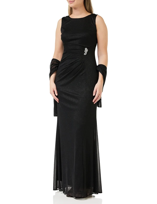 Gina Bacconi Long Sleeveless Dress with Ruched Embellished Waist and Shawl, Black, 10