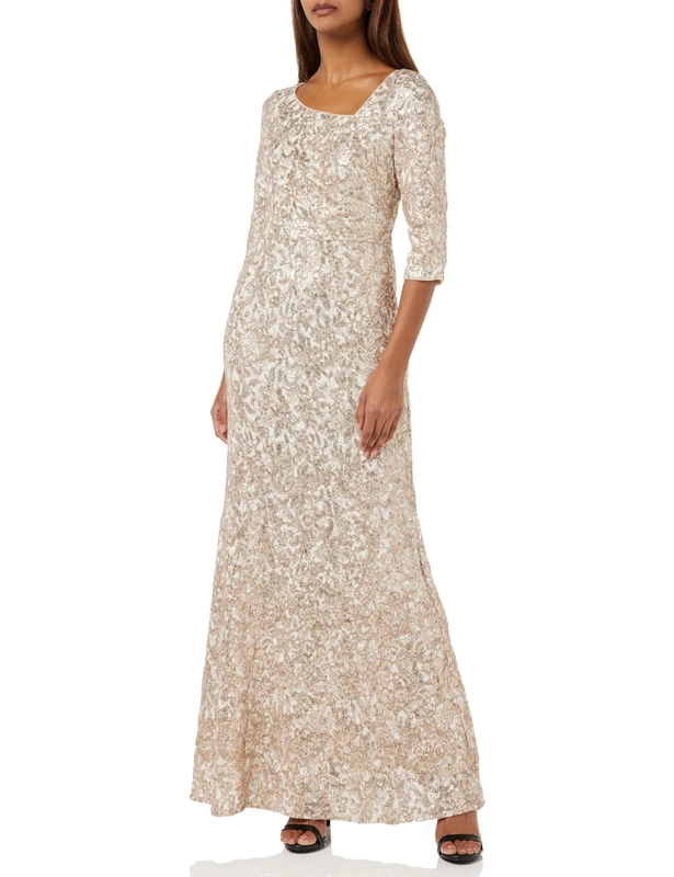 Gina Bacconi Asymmetrical Neck 3/4 Sleeve Sequin Lace Dress, Ivory, 10
