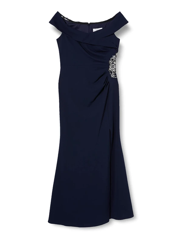 Gina Bacconi Portrait Collar Long Dress with Front Slit Ruching at Waist Side with Embellishment, Navy, 18