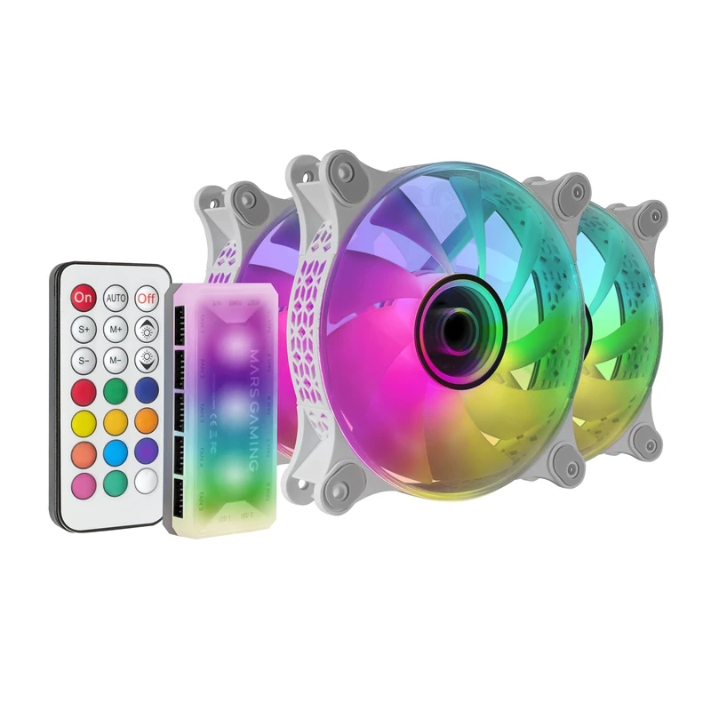 Mars Gaming MF-3DKIT White, Kit 3 ARGB 360° 12cm Fans, 3D Infinity Mirror, Anti-vibration System, ARGB Controller, RF Remote Control, Full Compatibility
