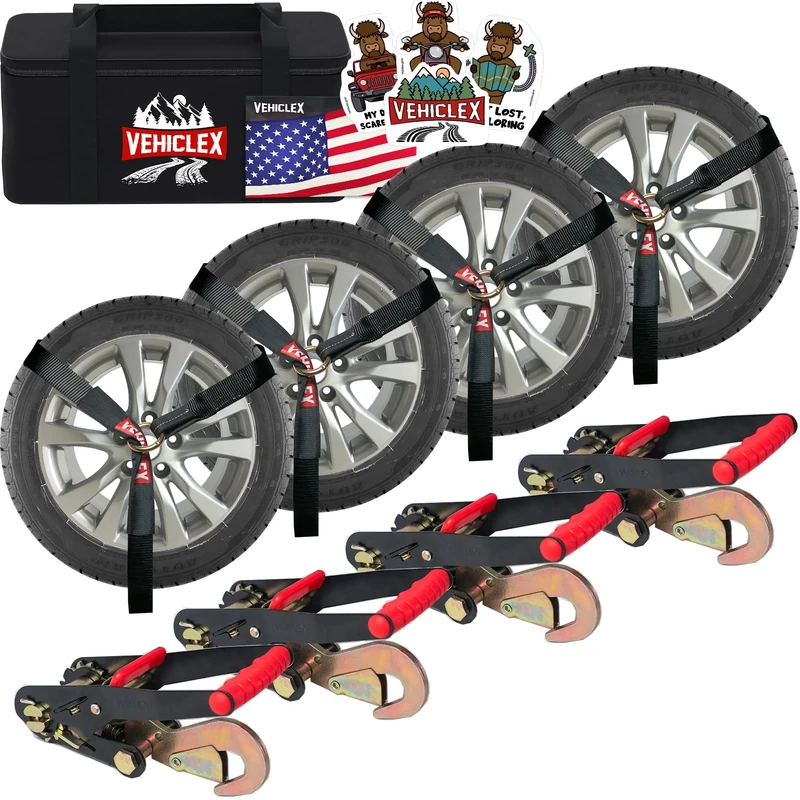 Vehiclex 4 Pack 2" x 10' Wheel Tie Down Straps with Snap Hooks - 11023 lbs BS Ratchet Straps - Ultimate Car Tie Down Straps for Trailers
