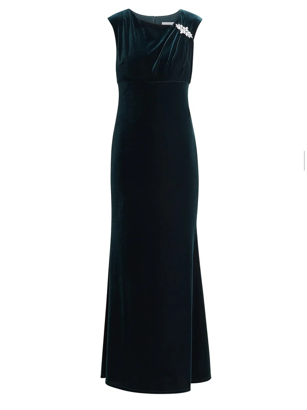 Gina Bacconi Maxi Velvet Gown with Asymmetrical Neckline and Embellishment, Forest, 14
