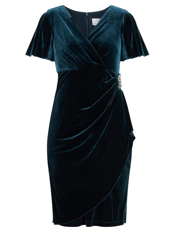 Gina Bacconi Velvet Dress with Embellishment Detail, Forest, 18