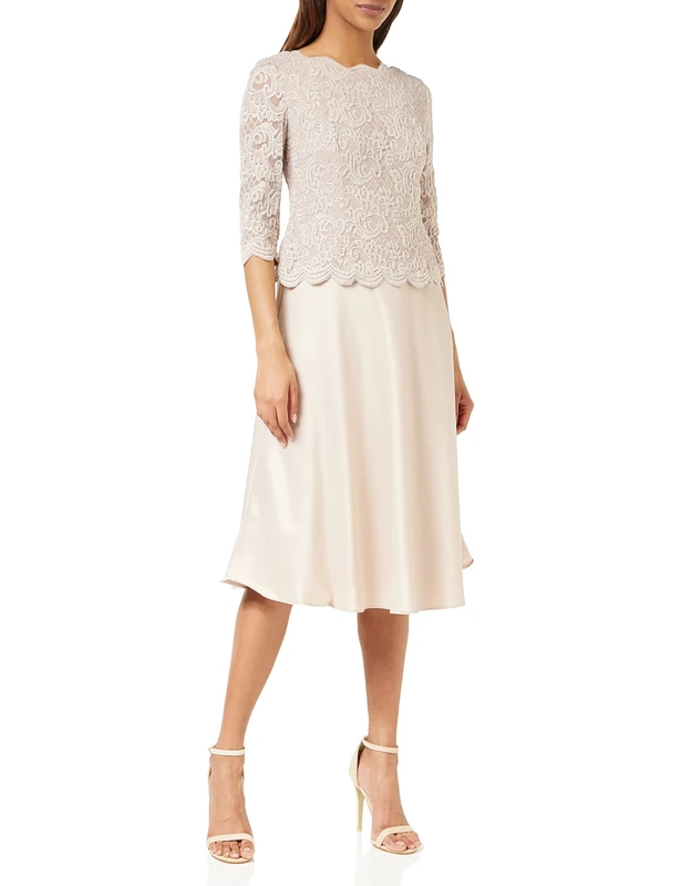 Gina Bacconi Lace and Satin Mock Two-Piece Short Dress, Taupe, 10