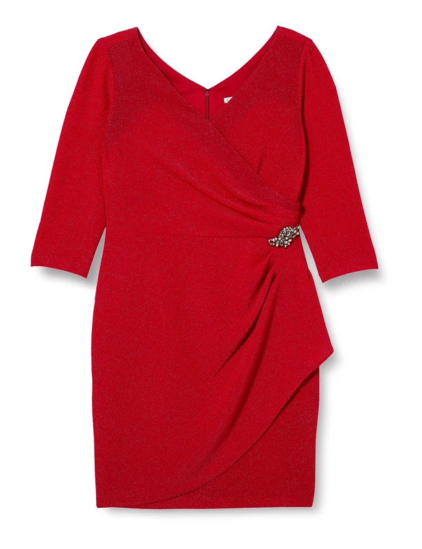 Gina Bacconi Short Shift Dress with Surplice Neckline, Cascade Ruffle Skirt and Embellishment at Hip, Red, 18