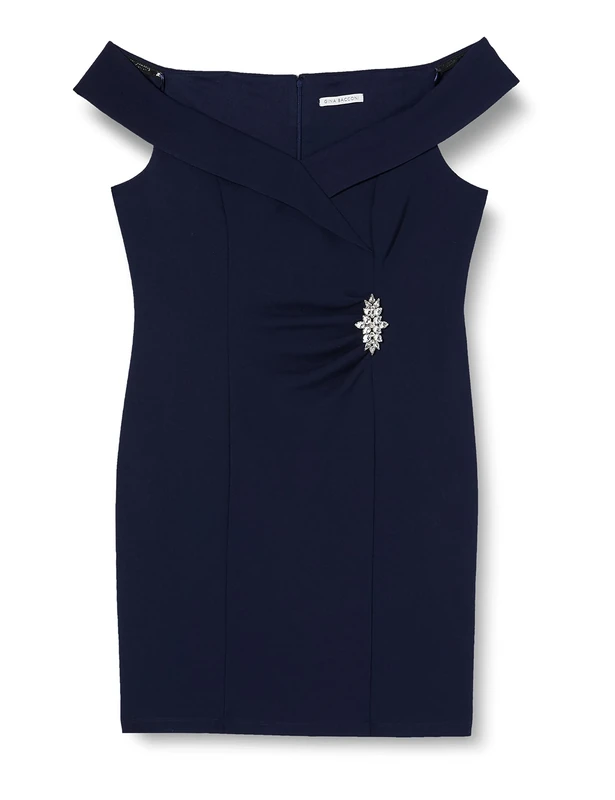 Gina Bacconi Short Off The Shoulder Sheath Dress with Ruched Waist and Embellishmnet Detail, Navy, 22