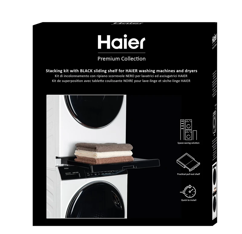 Haier Premium Universal Stacking Kit for Washing Machines and Tumble Dryers-Space-Saving - with Black Anti-Tipping Sliding Shelf-Perfect for Haier 3-5 and 7 Series Washing Machines and Tumble Dryers