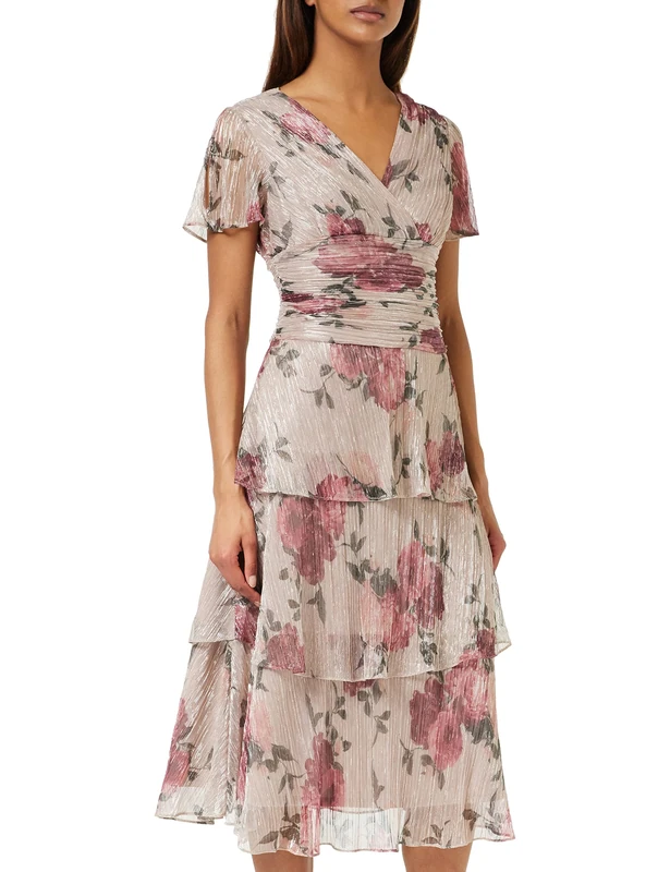 Gina Bacconi Midi Length Printed Surplice Neckline Dress with Ruched Waist and Tiered Skirt., Blush, 12