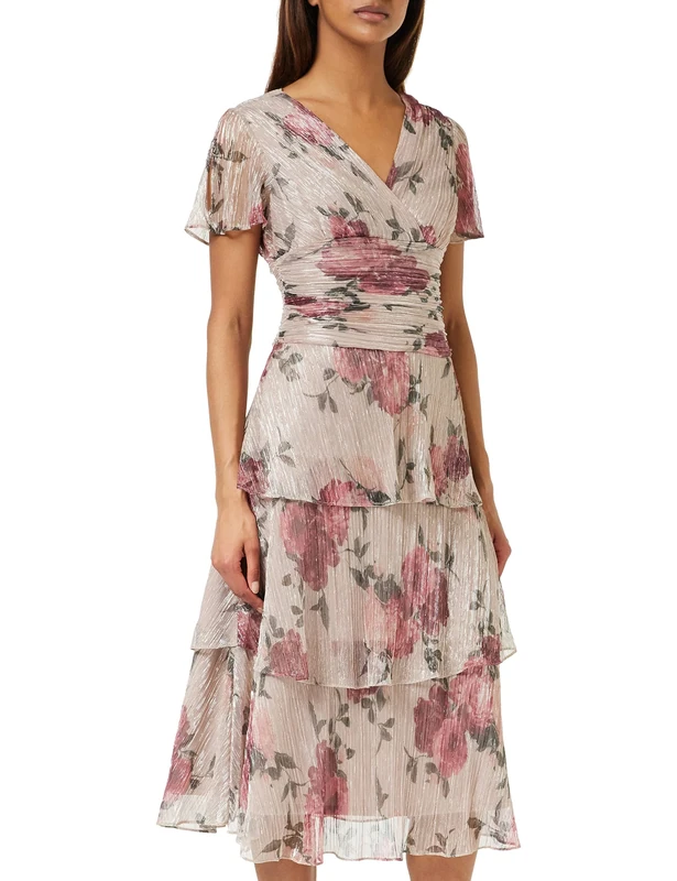 Gina Bacconi Midi Length Printed Surplice Neckline Dress with Ruched Waist and Tiered Skirt., Blush, 10