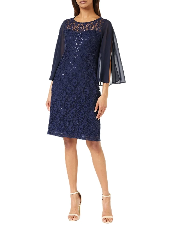 Gina Bacconi Short Shift Dress with Sweetheart Illusion Neckline, Navy, 12