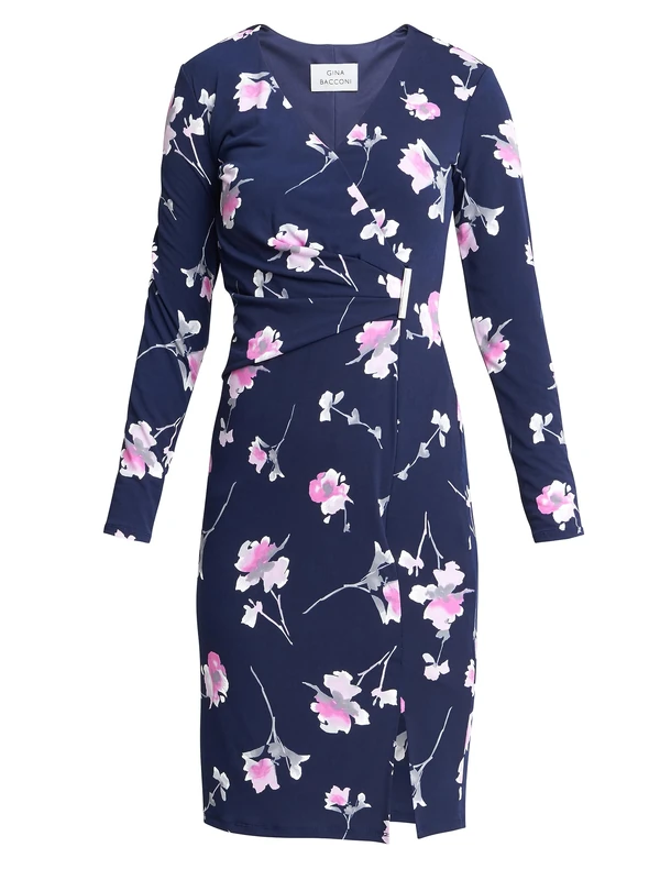 Gina Bacconi Wrap Dress with Gold Trim, Navy/Pink, 20