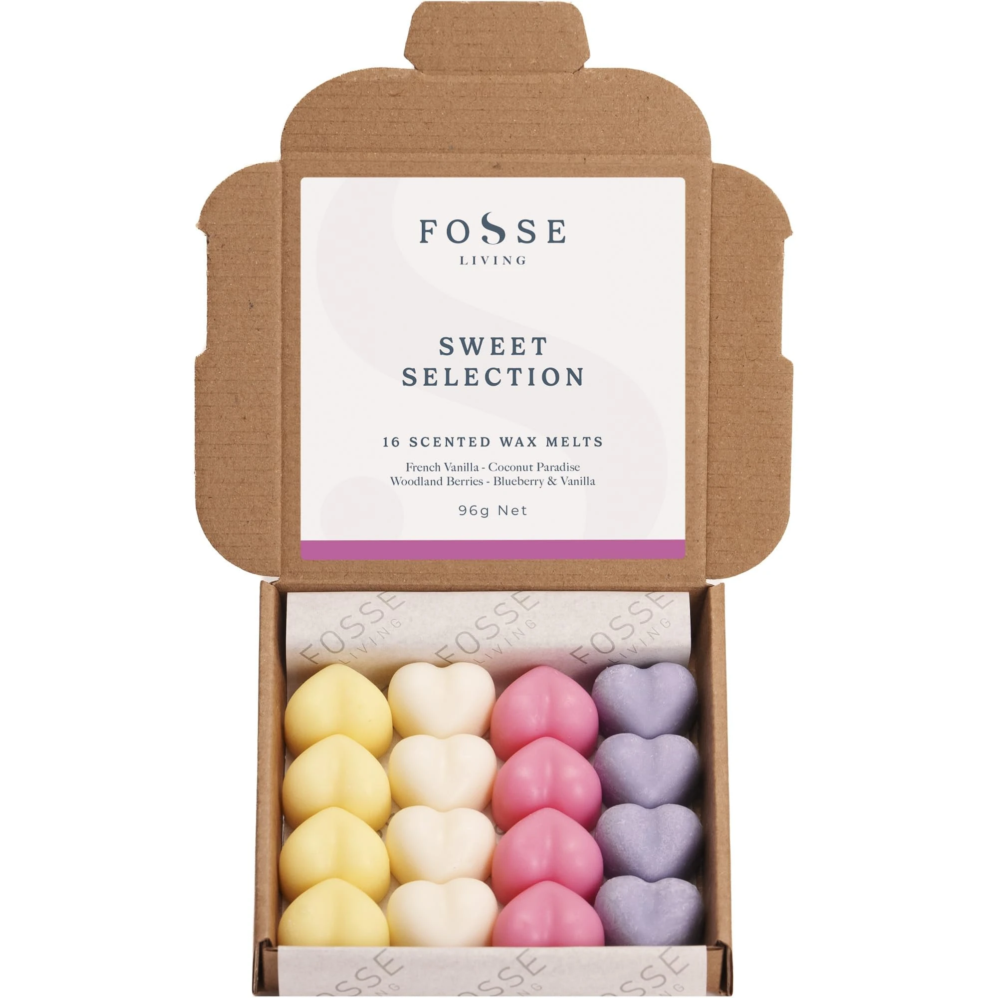 Sweet Selection Strong Scented Wax Melts 16 Pack - 4 of Our Favourite Sweet Scents – French Vanilla, Coconut Paradise, Woodland Berries and Blueberry & Vanilla