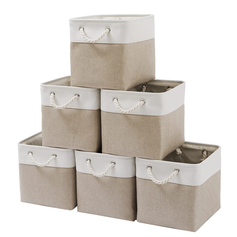 MidmmVick 11 x 11 Inch Cube Collapsible Fabric Storage Bins, 6 Pack, White & Beige, Home, Office, Closet, Clothes, Toys Organizer