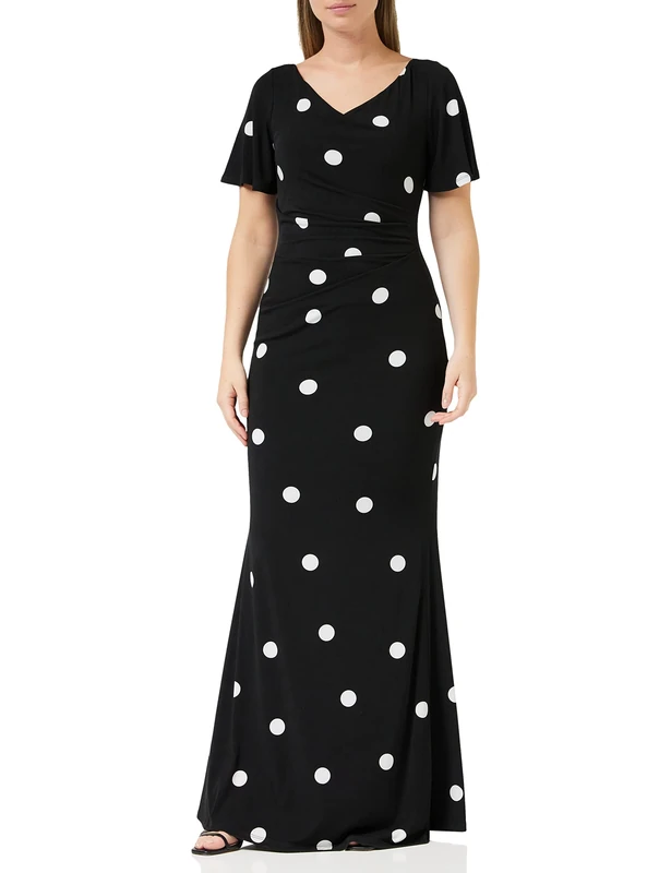 Gina Bacconi Spaced Spot Jersey Maxi Dress with Tucks, Black/White, 14