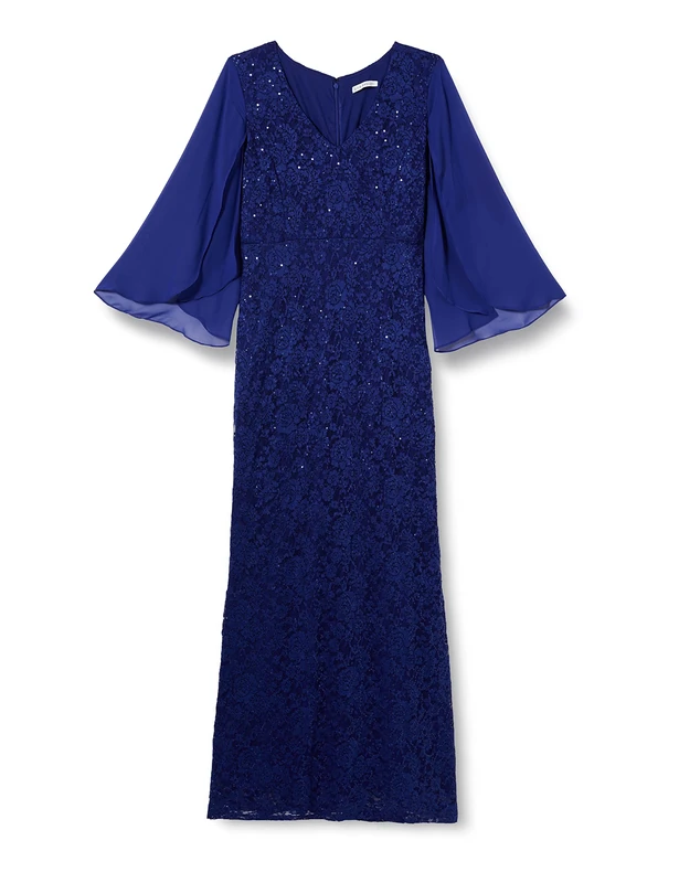 Gina Bacconi Long Fit and Flare Lace Dress with V-Neckline, Royal, 12