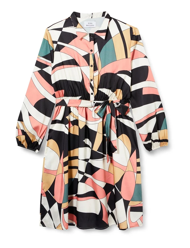 Gina Bacconi Long Sleeve Shirt Dress Twill Georgette, Black/Multi, S