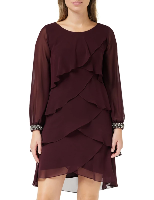 Gina Bacconi Long Sleeved Tiered Dress with Rhinestone Beading at Cuff, Fig, 16
