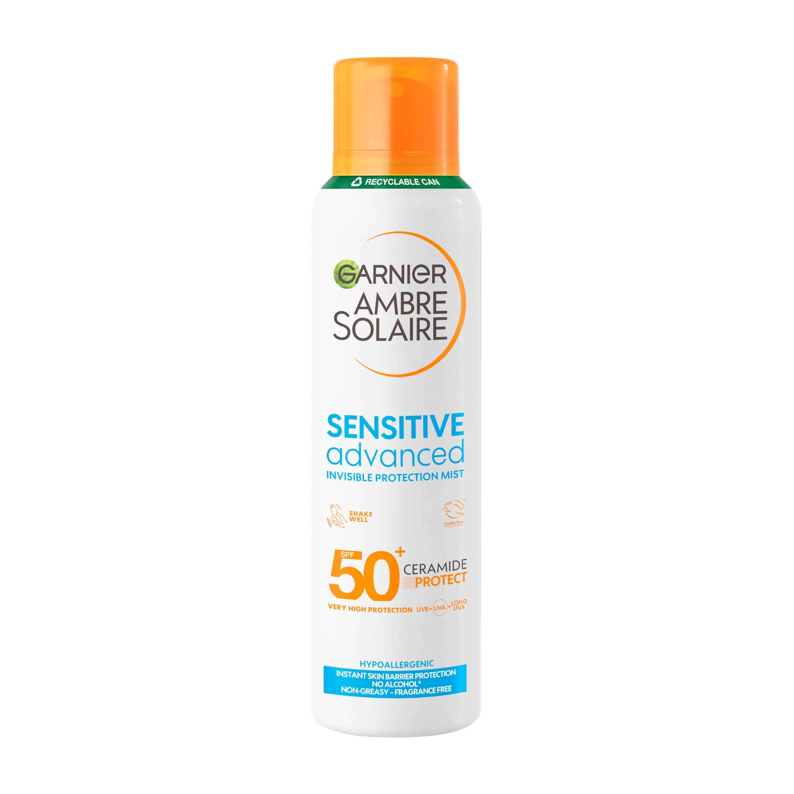 Garnier Ambre Solaire SPF 50+ Sensitive Advanced Dry Mist Sun Cream Spray, Water Resistant & Non Greasy Sunscreen, Fragrance Free, UVA & UVB Protection, 150ml