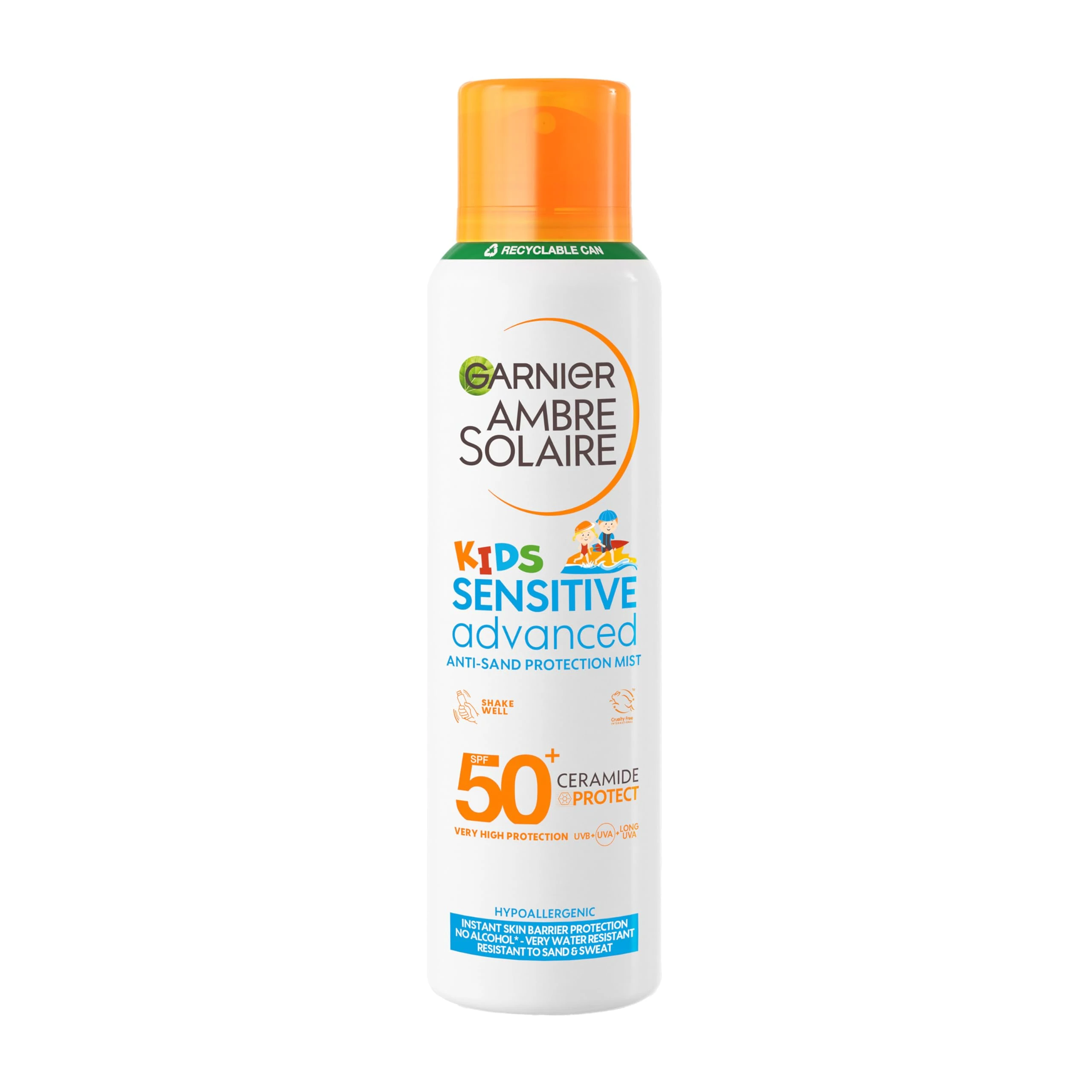 Garnier Ambre Solaire SPF 50+ Sensitive Advanced Kids Anti-Sand Mist, Very High UVA & UVB Protection, Water-Resistant, Hypoallergenic, 150 ml