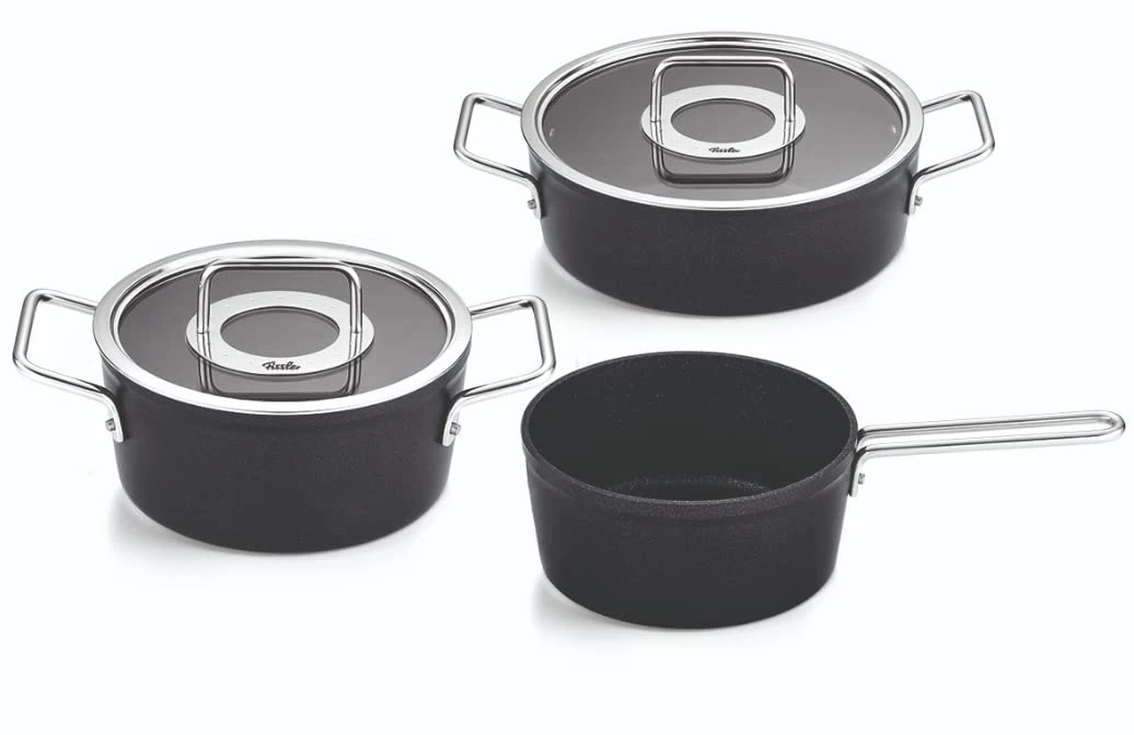 Fissler Adamant/Aluminium Saucepan Set, 3 Pieces, Pots Coated with Glass Lid, Non-Stick (1 Saucepan, 1 Stewing Pan, 1 Saucepan) - Induction