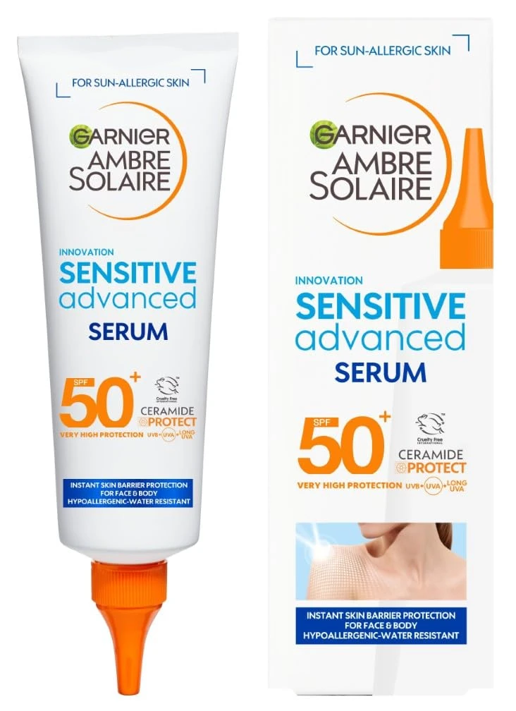 Garnier Ambre Solaire SPF 50+ Sun Protection Serum Face & Body, Non-Sticky, Non-Greasy Fluid Texture, No White Cast, Sensitive Advanced, 125 ml